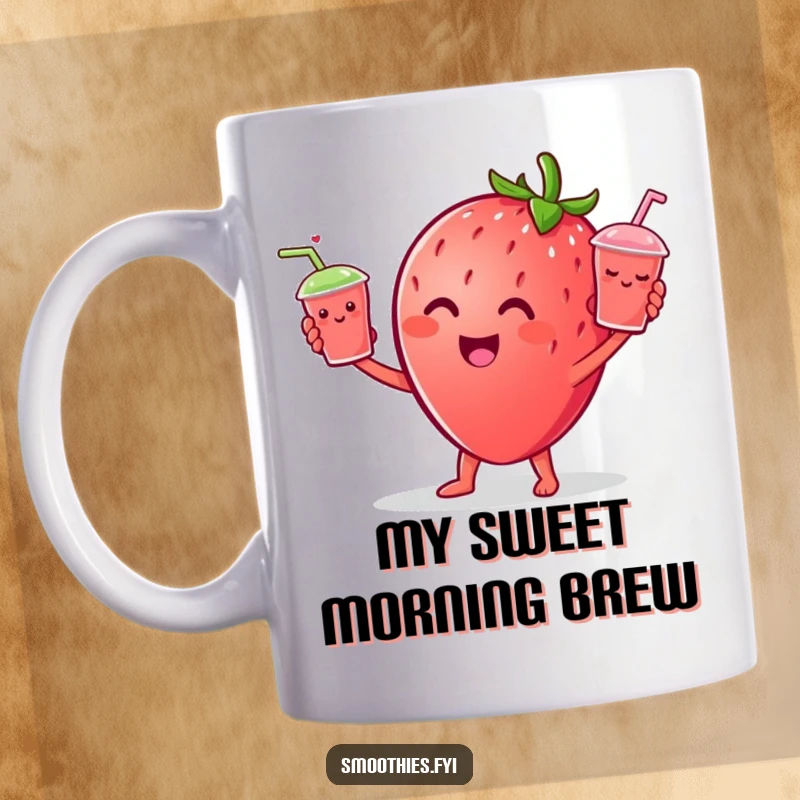 Funny Strawberry character cheerfully juggling three tiny smiling smoothie cups on this delightful mug.