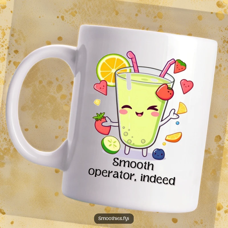 Funny Kawaii smoothie character winking playfully while juggling colorful fruit pieces, looking cheeky on a fun mug.