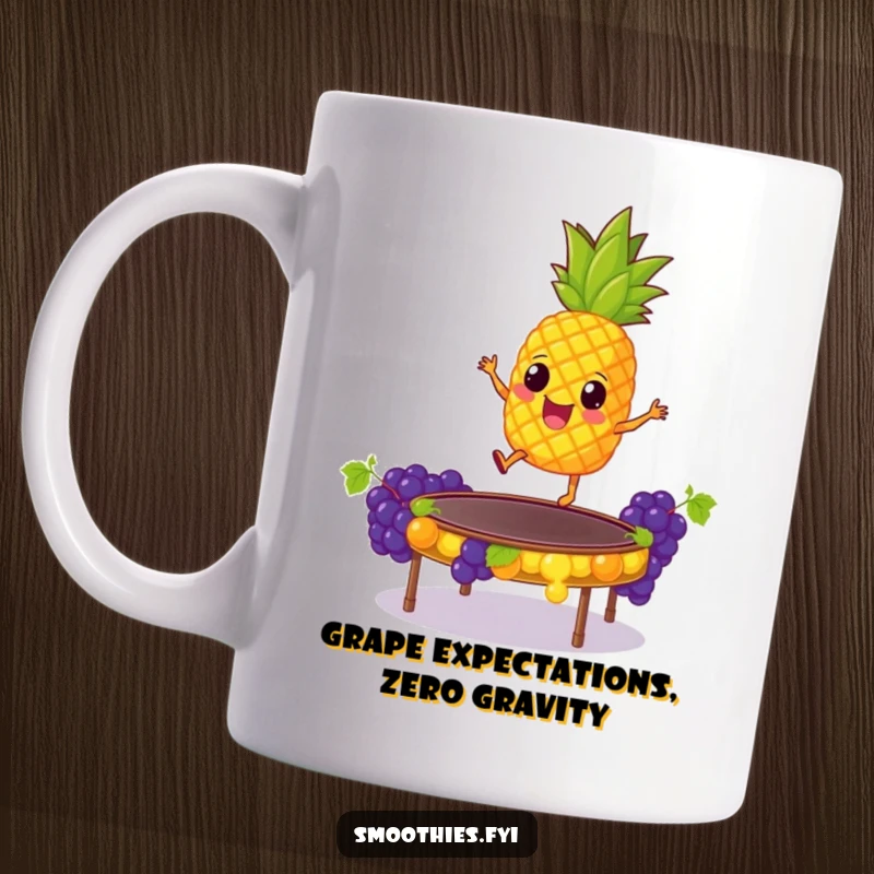 Funny Mug: Giddy pineapple gleefully bouncing high on a trampoline made entirely of juicy grapes, expressing pure joy and an absurd sense of fun.