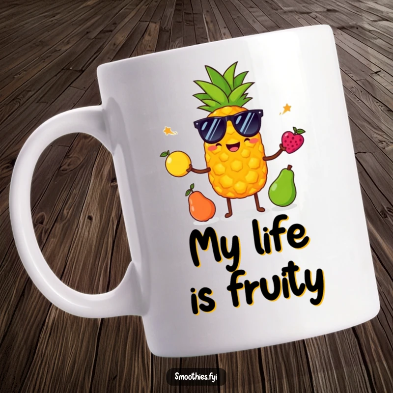 Funny pineapple wearing sunglasses, juggling fruits, on a mug, exuding cool, tropical, and humorous vibes.