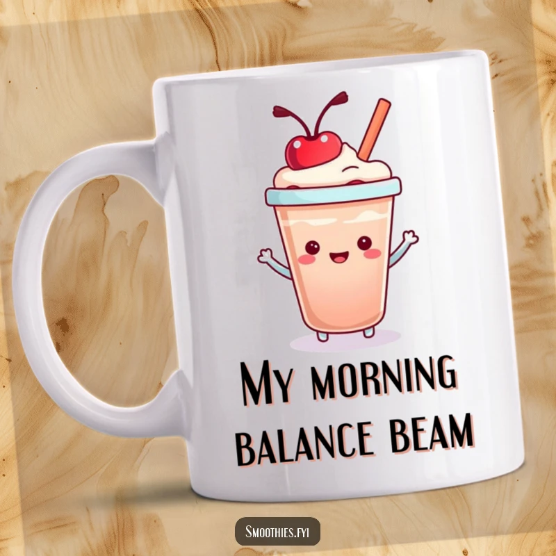 Funny Kawaii Smoothie Cup Mug bouncing a cherry on its lid, radiating pure joy and playful energy. A delightful gift for smoothie lovers.