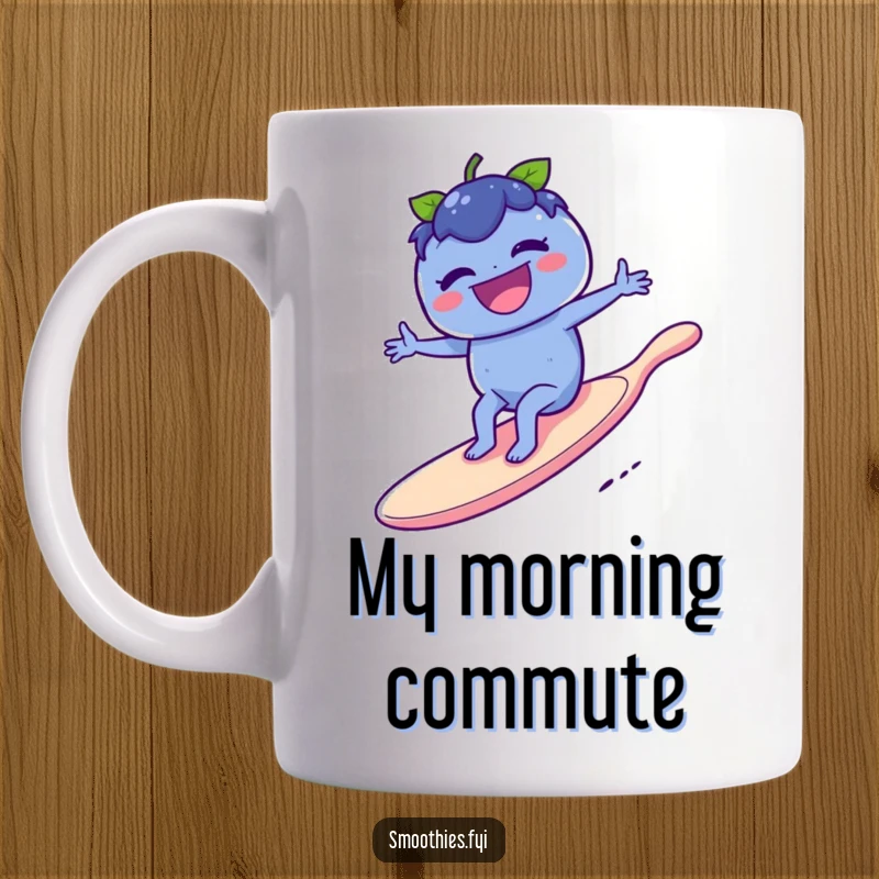 Funny laughing blueberry rides a giant spoon like a surfboard on a mug, embodying adventurous and humorous spirit.