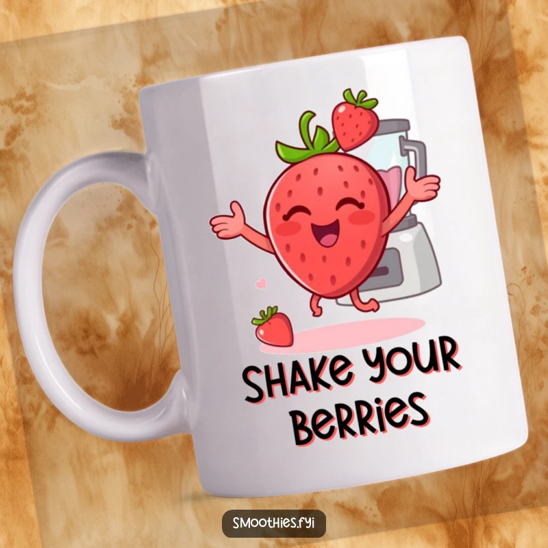 Funny cheerful strawberry dancing with a blender behind it on a mug, embodying joy and smoothie fun.