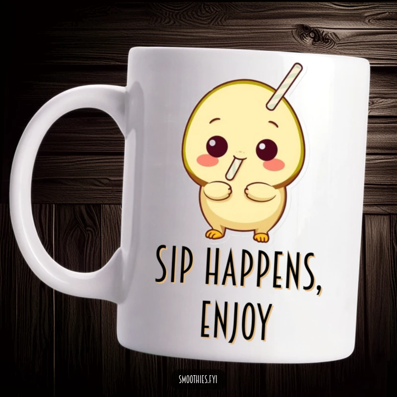 Funny playful kiwi with a straw sticking out, ready to sip, on a mug, embodying fun and thirst for life.