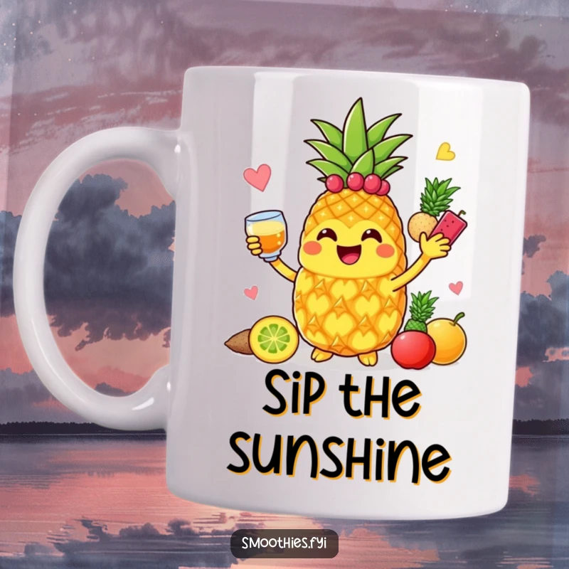 Funny jolly pineapple character enthusiastically blending colorful fruits with a smile on a mug.