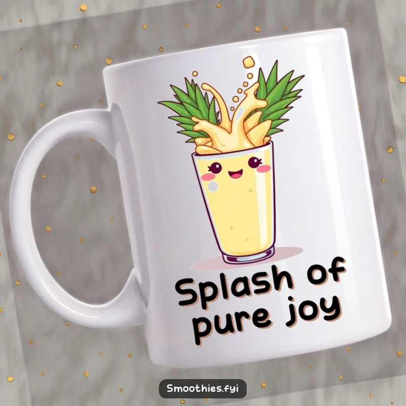 Funny pineapple smoothie splashing energetically into a cup on a mug, conveying excitement and fun. A humorous gift.