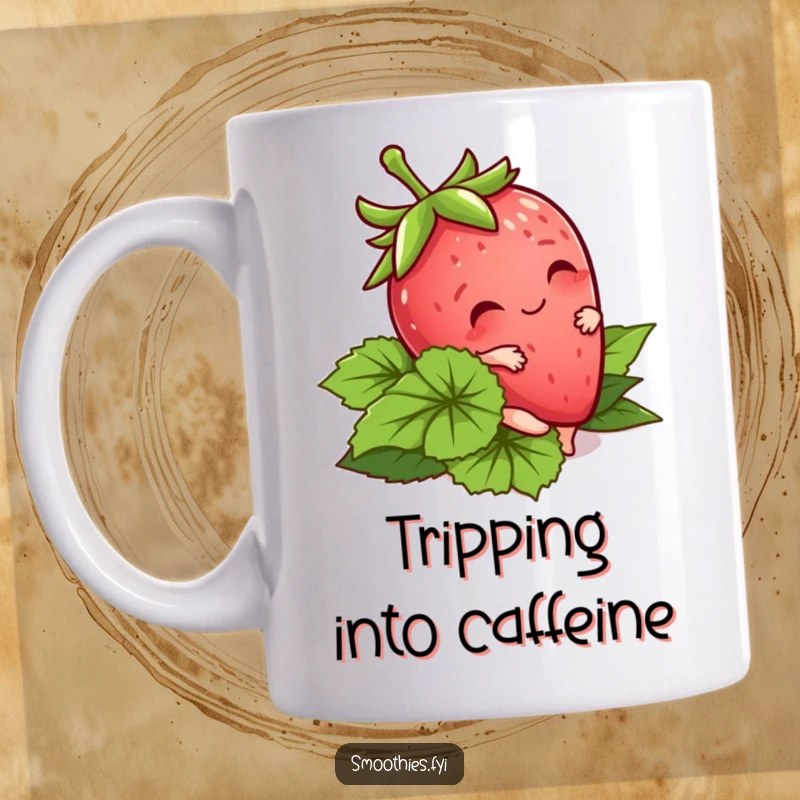 Funny Kawaii Strawberry Mug tripping playfully on its own leaves, radiating cute clumsiness. A berry sweet gift for anyone.