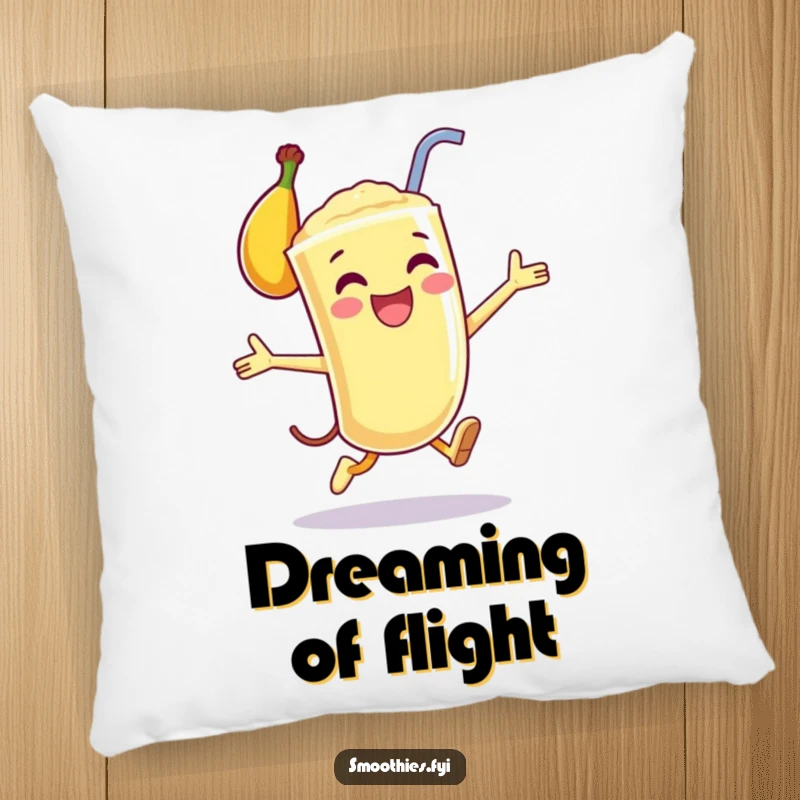 Funny decorative pillow with a happy anthropomorphic banana smoothie in a joyful leap, offering comfort and a sense of dynamic energy.