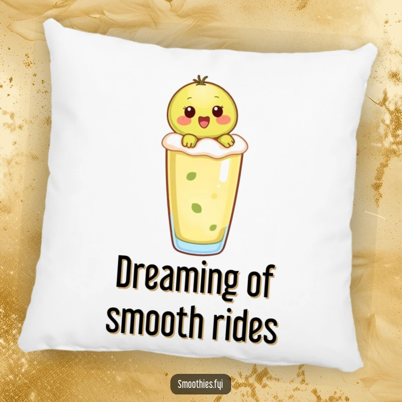Funny kiwi character enjoying a ride on a smoothie, featured on a soft and decorative pillow.