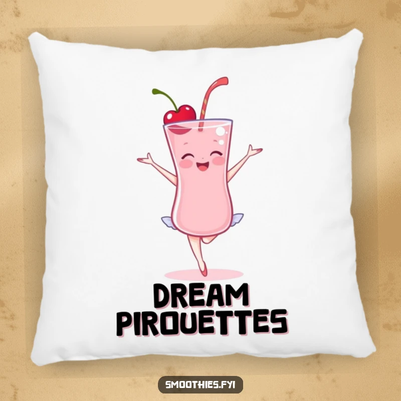 Funny Cherry Smoothie Ballet Pillow: A delighted cherry smoothie gracefully poses in ballet, bringing cozy humor.