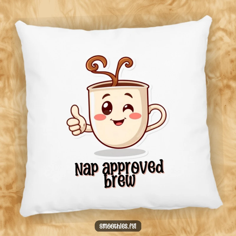 Funny pillow with a steaming coffee cup character giving a thumbs up, perfect for adding a touch of humorous comfort and approval to any space.