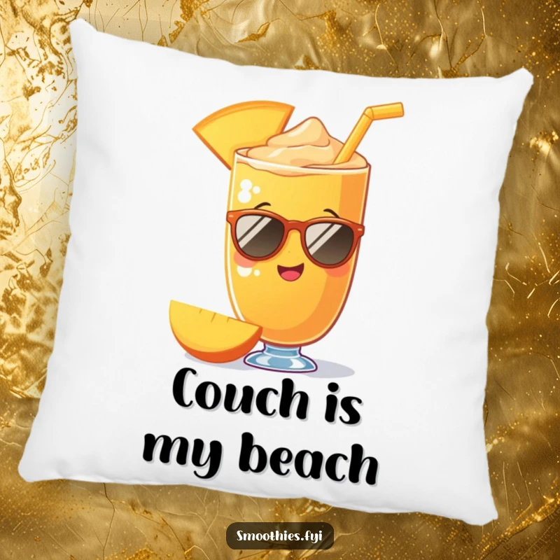 Funny mango smoothie character wearing sunglasses on a soft pillow, bringing comfort and cool vibes. A funny gift.