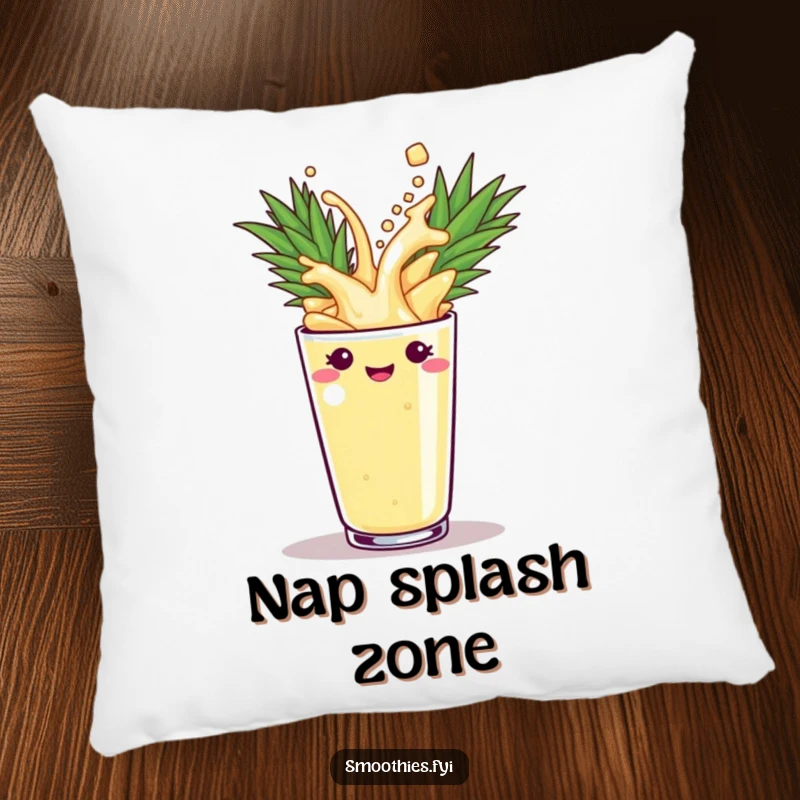 Funny pineapple smoothie character splashing into a cup on a soft pillow, bringing comfort and playful energy. A funny gift.