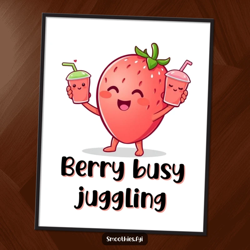 Funny Strawberry character cheerfully juggling tiny smiling smoothie cups, offered as a high-resolution digital art print.