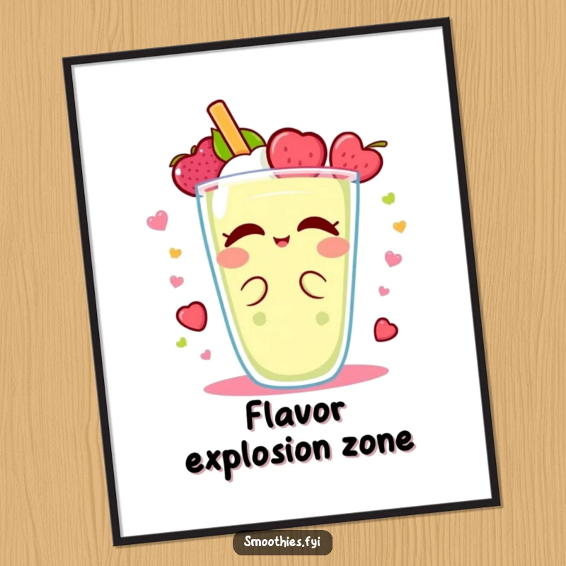 Funny Kawaii smoothie digital art print, character performing an ecstatic fruity delight spin, vibrant and humorous artwork.