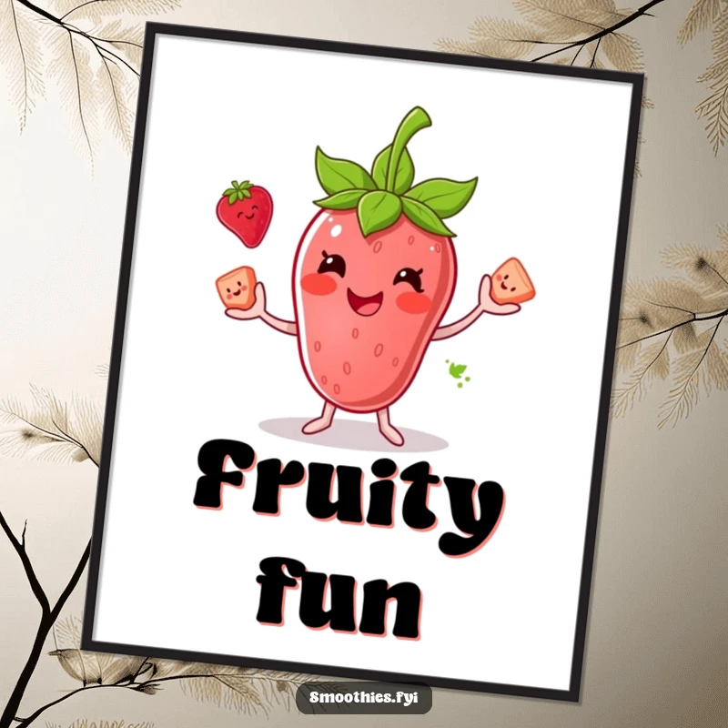 Funny digital art print of a smiling anthropomorphic strawberry smoothie juggling smaller fruit pieces, radiating pure joy and playful energy.
