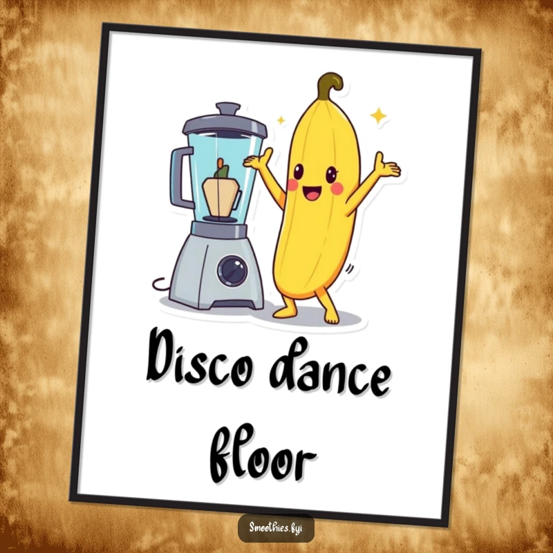Funny banana character in a dramatic disco pose next to a blender, as downloadable art.