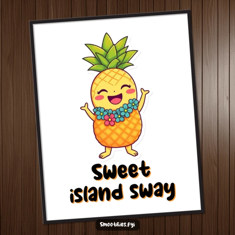 Funny laughing pineapple character digital art print with lei doing the hula, vibrant and humorous.