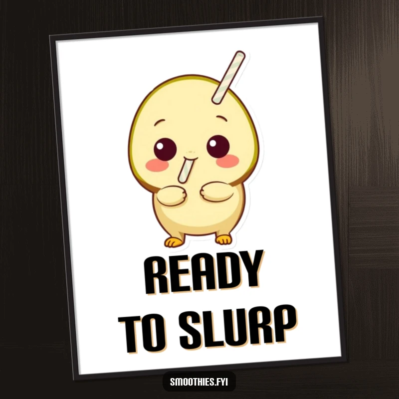 Funny playful kiwi with a straw sticking out, ready to sip, as digital art, creating vibrant and humorous wall decor.