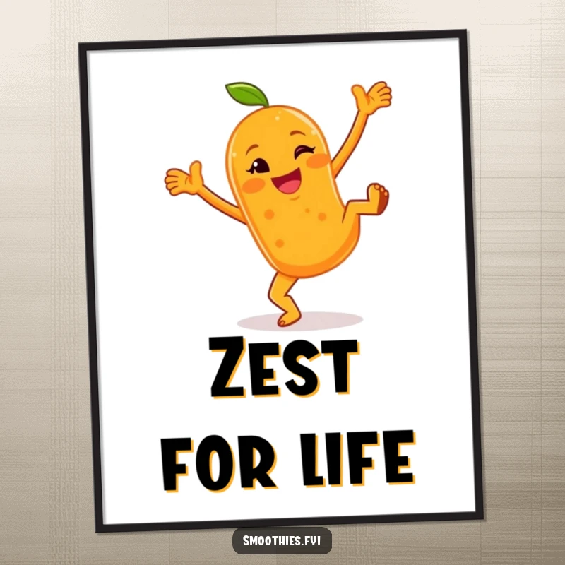 Funny digital art print of a cheerful anthropomorphic orange smoothie doing cartwheels with a wink, radiating zest and unbridled fun.