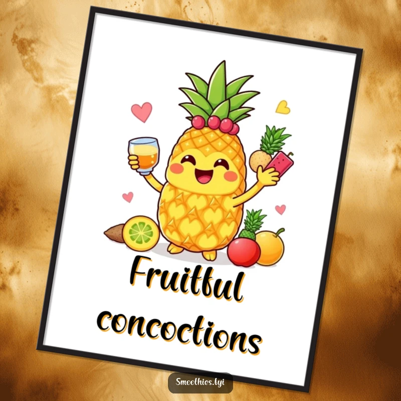 Funny jolly pineapple character blending colorful fruits with a smile, as downloadable art.