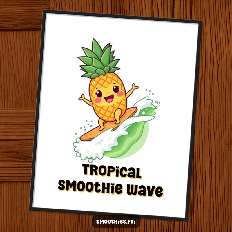 Funny pineapple character surfing a smoothie wave, a downloadable digital art print for immediate beachy fun.