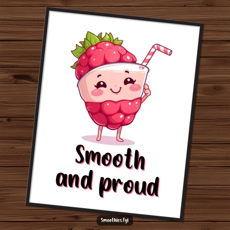 Funny proud raspberry grins holding a frothy smoothie as digital art, creating vibrant and healthy humorous wall decor.