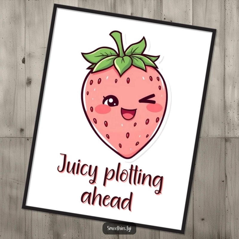 Funny digital art print of a cheerful strawberry character giving a mischievous wink, perfect for adding playful personality to digital spaces.