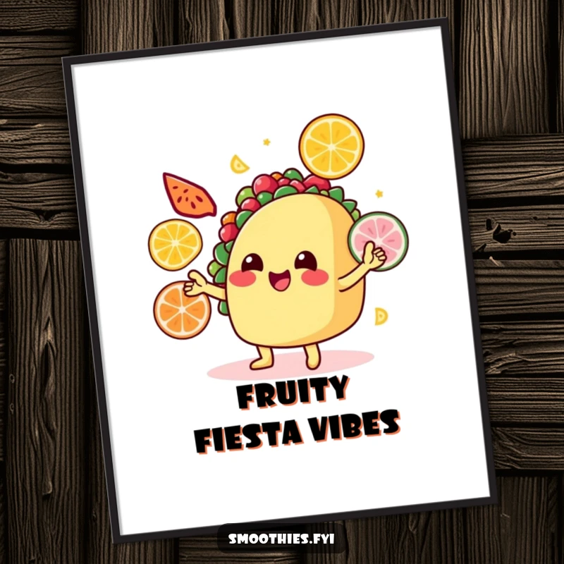 Funny Digital Art Print: A smiling taco juggles colorful fruit slices, a joyful and appetizing piece for instant decor.