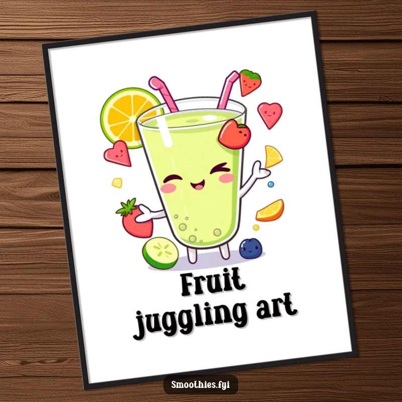 Funny Kawaii smoothie character winking while juggling colorful fruit pieces, rendered as a high-resolution digital art print for instant wall decor.