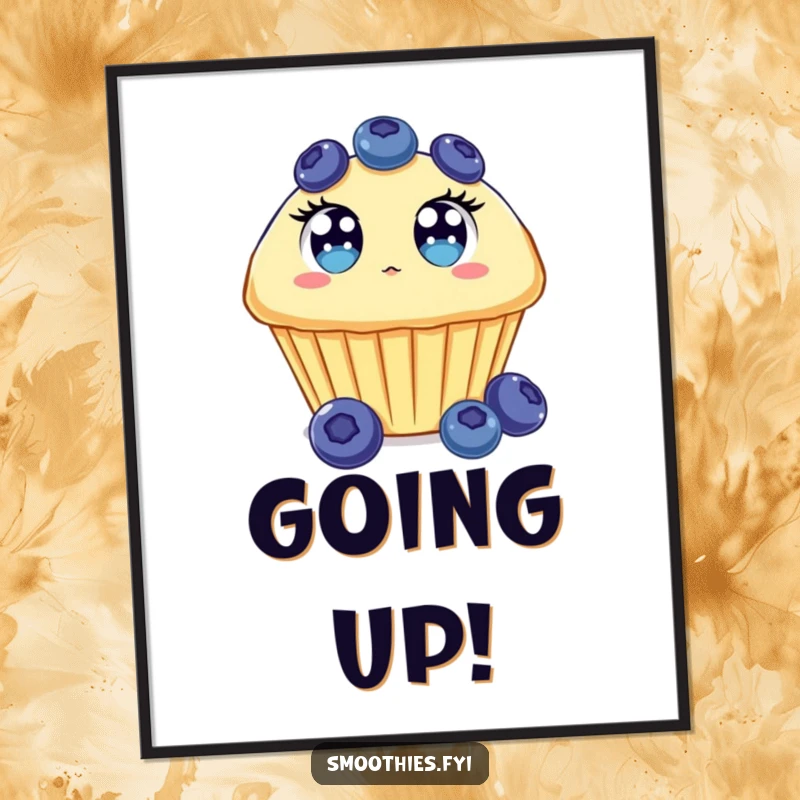 Funny Blueberry Muffin Digital Art Print of a surprised muffin with wide eyes, floating upwards in a comical way.