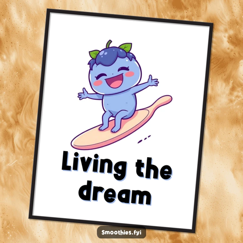 Funny blueberry laughing while riding a giant spoon like a surfboard as digital art, creating vibrant and humorous wall decor.