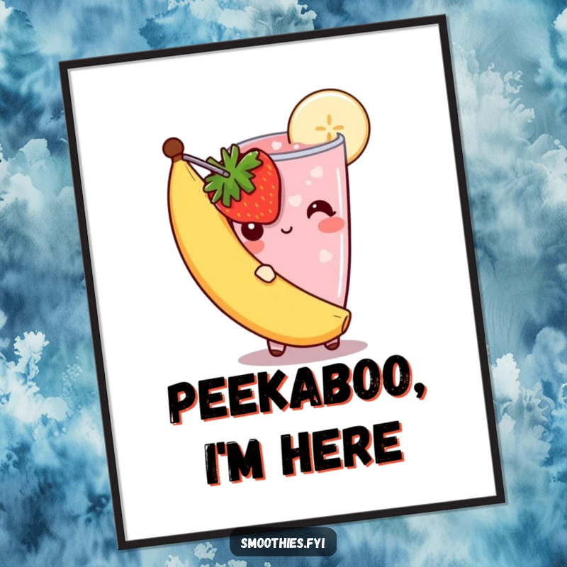 Funny shy smoothie digital art print showing a strawberry smoothie peeking bashfully from behind a banana slice, radiating sweet, cute, and humorous charm.