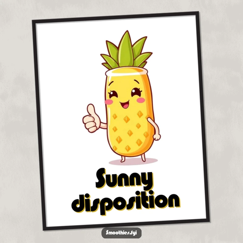 Funny digital art print of a joyful pineapple smoothie character with a sunny smile and thumbs up, ideal for instant tropical decor.