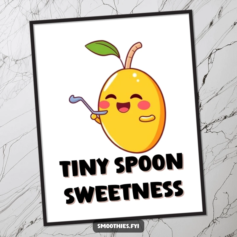 Funny laughing mango character sharing a smoothie with a tiny spoon, a downloadable digital art print.