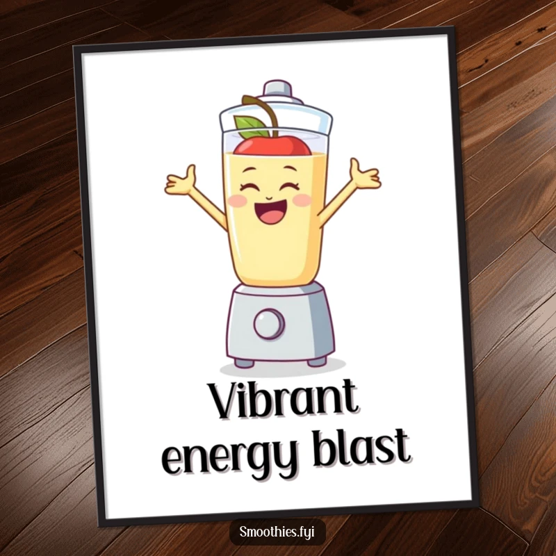 Funny apple smoothie character joyfully jumping inside a blender, a high-resolution digital art print for instant humor.