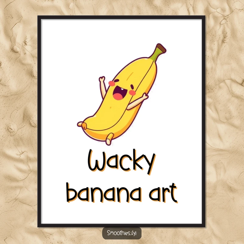 Funny digital art print of a thrilled banana character in a dynamic somersault pose, perfect for colorful decor.