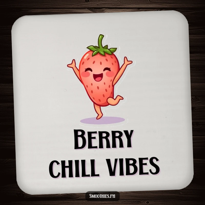 Funny strawberry character drink coaster doing a cartwheel with a grin, protecting surfaces with humor.