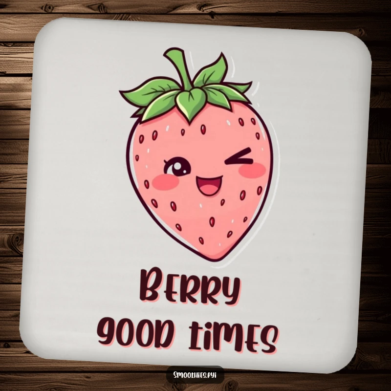 Funny coaster featuring a cheerful strawberry character giving a sly wink, designed to add a touch of playful protection to any table.