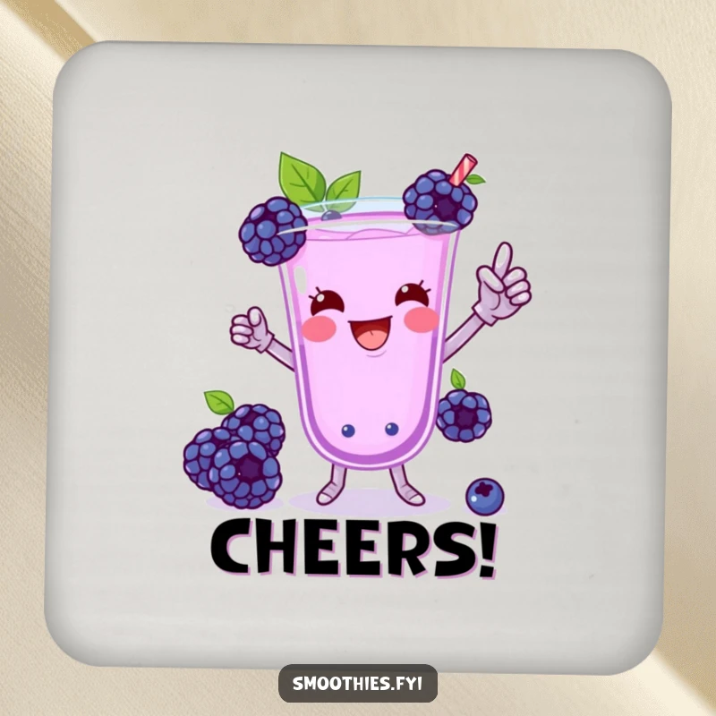 Funny Blueberry Smoothie Victory Dance Coaster: A playful blueberry smoothie dancing, protecting surfaces with humor.