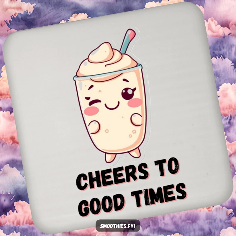 Funny Kawaii smoothie coaster, cheerful character giving a playful wink, protecting surfaces with humor.