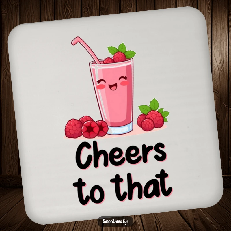 Funny raspberry smoothie coaster featuring a contented character raising a glass, perfect for drinks.