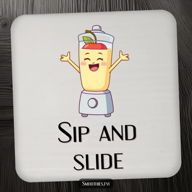 Funny apple smoothie character jumping in a blender, a humorous and protective drink coaster for any table.