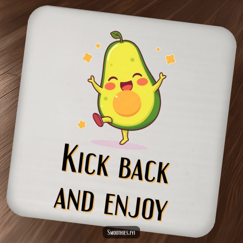 Funny drink coasters with a gleeful avocado character performing a high kick, adding a humorous touch to drinks.