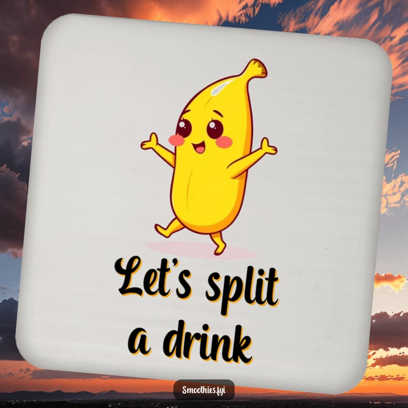 Funny coaster with a yellow banana character in a playful dance, designed to protect surfaces with a dose of humor and cheer.