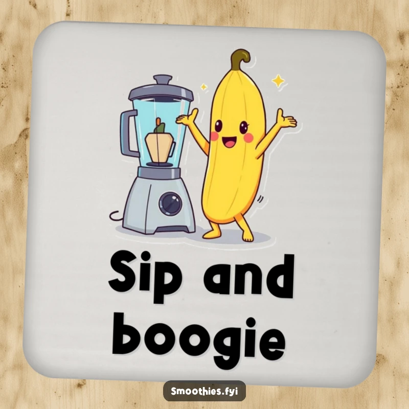 Funny banana character in a dramatic disco pose next to a blender, on a drink coaster.