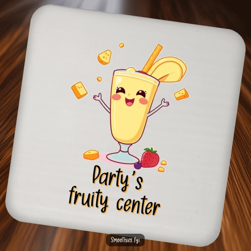 Funny banana smoothie juggling fruits on a drink coaster, adding humor and protecting surfaces. A perfect funny gift.