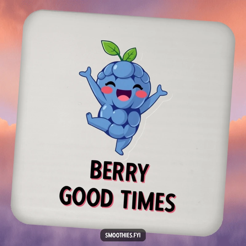 Funny drink coaster featuring a delighted blueberry doing a handstand, protecting surfaces.