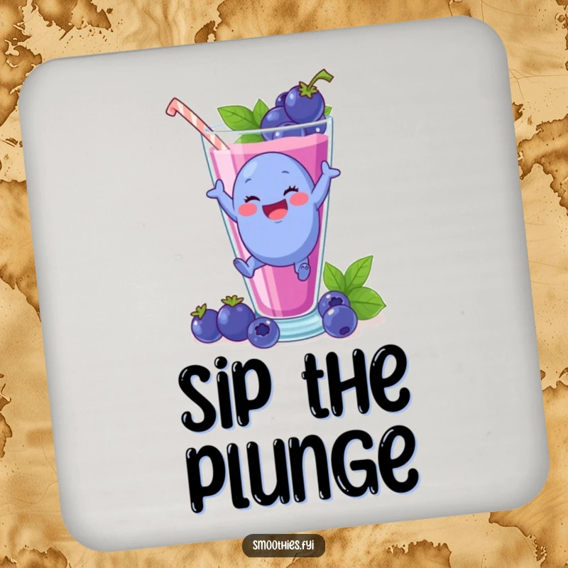 Funny plump blueberry character delightedly leaping into a giant smoothie glass, on a drink coaster.