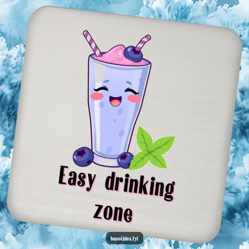 Funny blueberry smoothie sliding down a straw on a drink coaster, adding humor and protecting surfaces. A perfect funny gift.